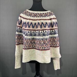 Sleeping on Snow Sweater Women’s XS Nordic Knit Boho Poncho Fair Isle Cream Blue